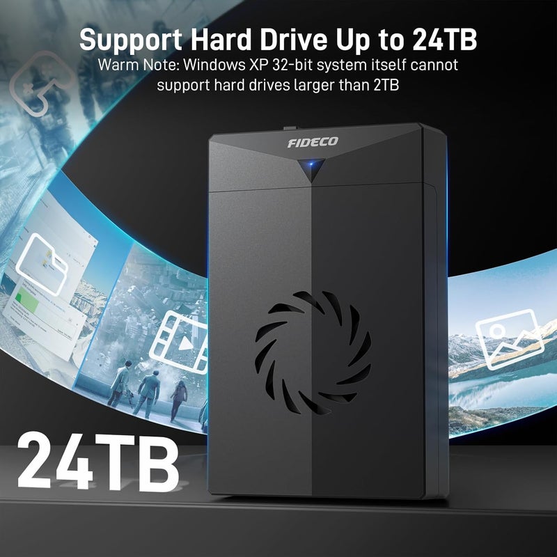 FIDECO Hard Drive Enclosure for 3.5 or 2.5 inch SATA HDD SSD, SATA to USB Adapter with Cooling Fan, External HDD Enclosure with 12V Power Adapter, Support UASP, Tool-Free, Plug and Play - Image 5